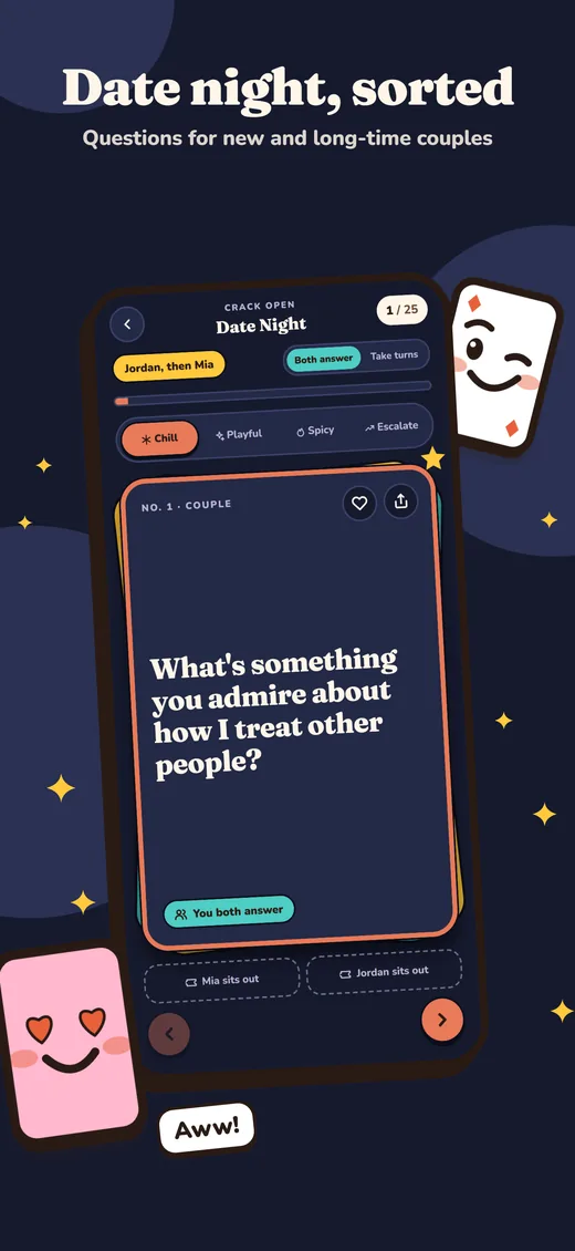 Crack Open screen: the Date Night deck in dark mode