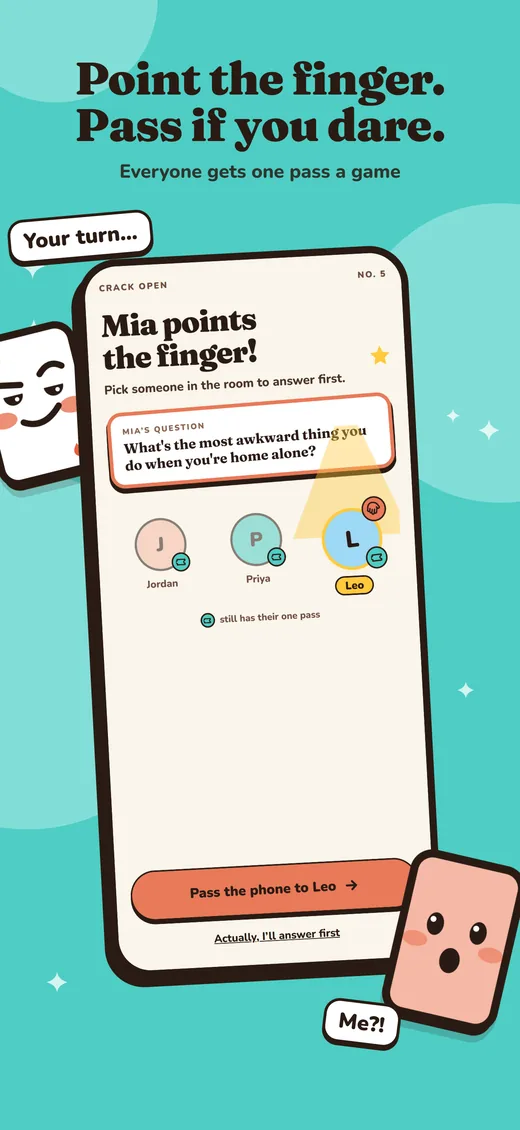 Crack Open screen: Mia points the finger and picks who answers first